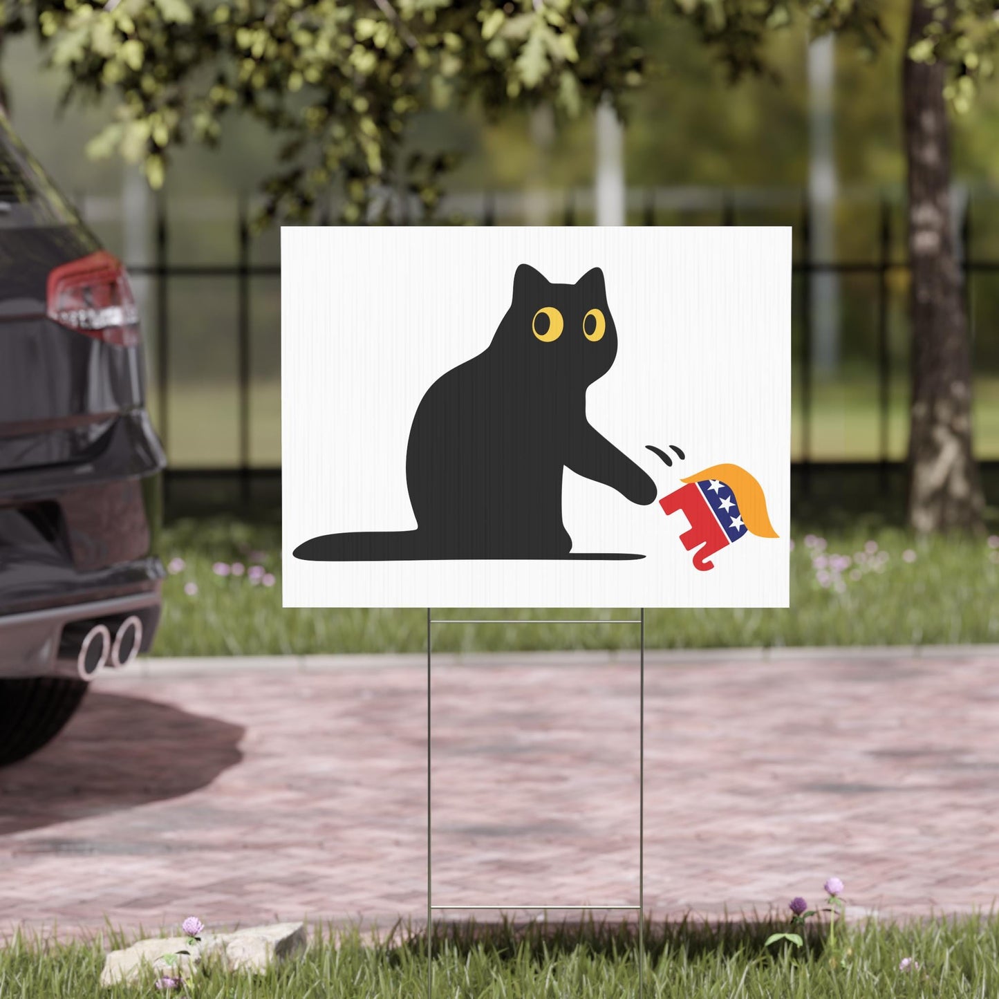 Kamala Harris 2024 Yard Sign with Black Cat Knocking Over MAGA GOP Elephant - Political Campaign Sign