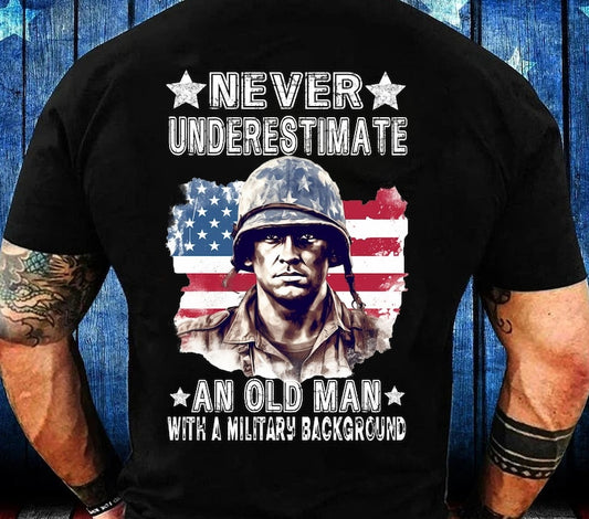 Never Underestimate An Old Man With A Military Background, Retro American Flag US Veteran Shirt