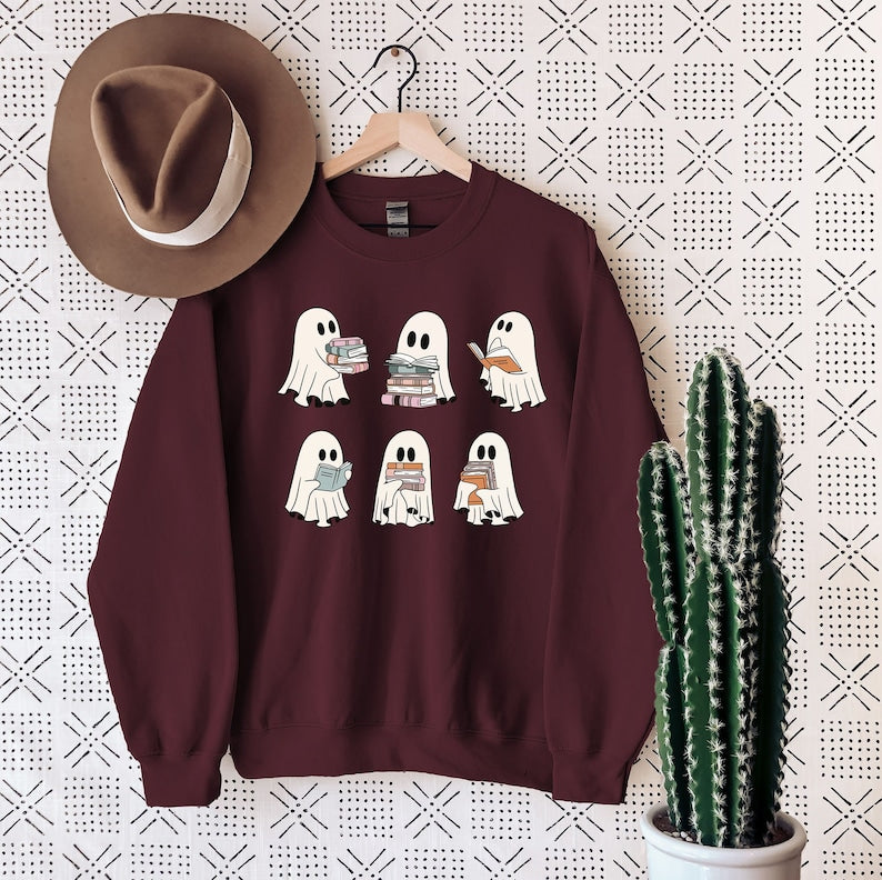 Ghost Reading Books Sweater, Bookish Halloween Sweatshirt, Halloween Teacher Gift, Librarian Halloween Hoodie, Ghost Crewneck