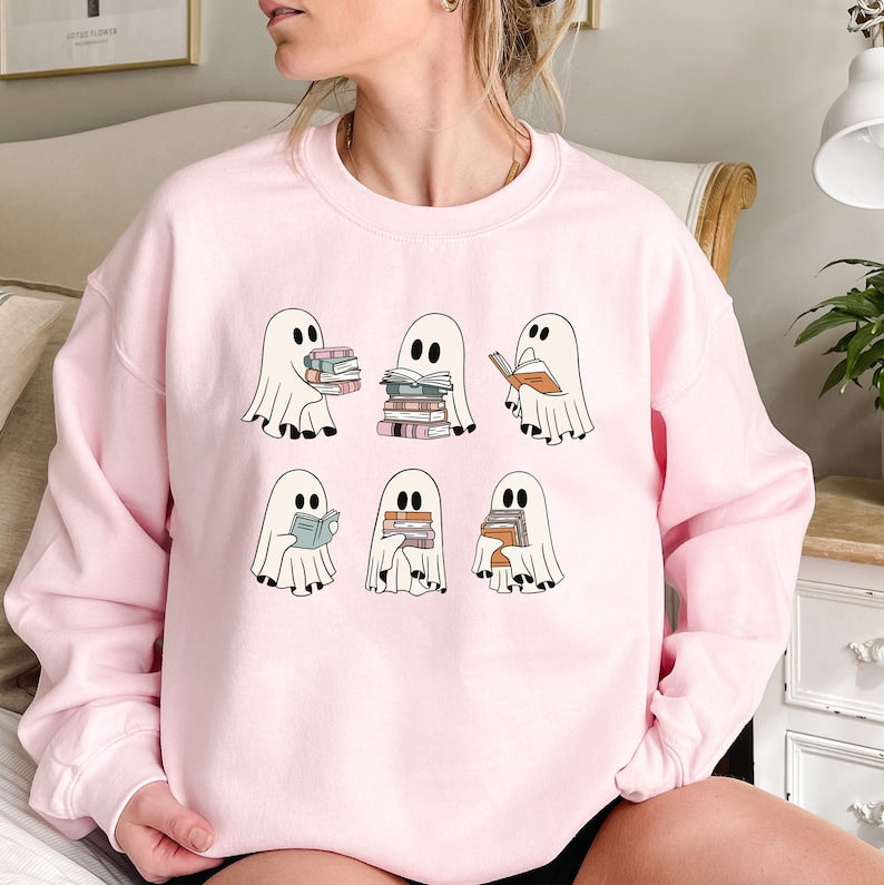 Ghost Reading Books Sweater, Bookish Halloween Sweatshirt, Halloween Teacher Gift, Librarian Halloween Hoodie, Ghost Crewneck