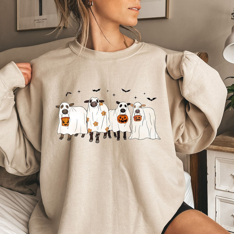 Ghost Cows Sweatshirt, Halloween Crewneck, Ghost Hoodie, Cow Lover Gift, Funny Halloween Cow Sweater, Spooky Cow Hoodie