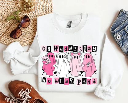 On Wednesday We Wear Pink Halloween Sweatshirt, Cute Pink Ghost T-Shirt, Mean Girls Halloween Tee, Boo Book Halloween Sweater