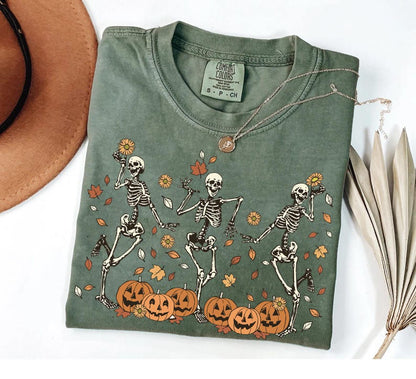 Retro Halloween Shirt, Comfort Colors Halloween shirt, Dancing Skeleton Halloween sweatshirt Spooky Season Fall tee Pumpkin Black Cat Shirt